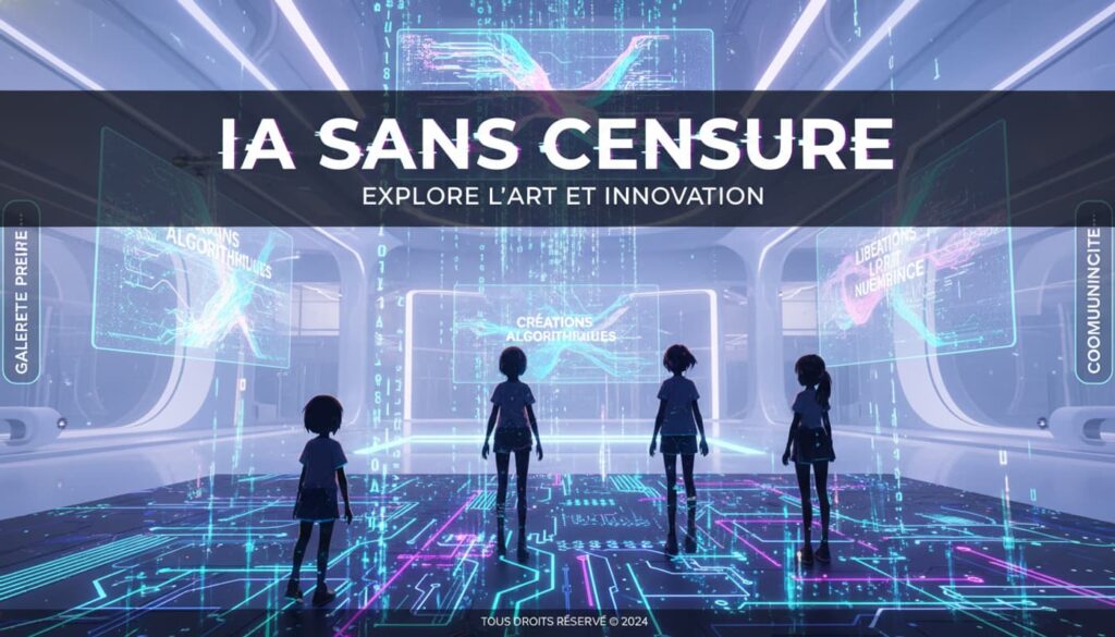Stylized anime silhouettes emerge from glowing neon circuits and data streams in a futuristic digital gallery with soft ambient lighting, and text 'IA SANS CENSURE' overlaid.