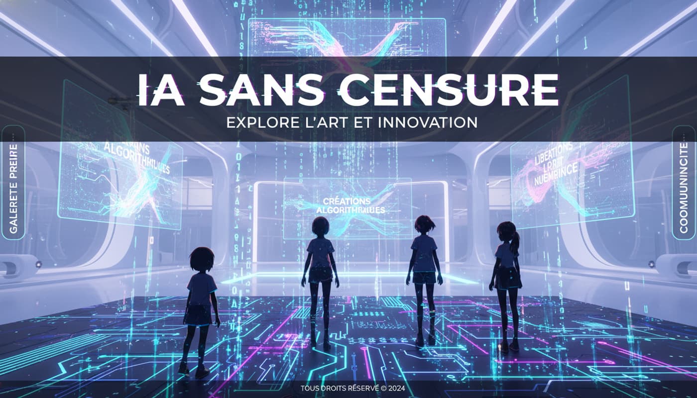 Stylized anime silhouettes emerge from glowing neon circuits and data streams in a futuristic digital gallery with soft ambient lighting, and text 'IA SANS CENSURE' overlaid.