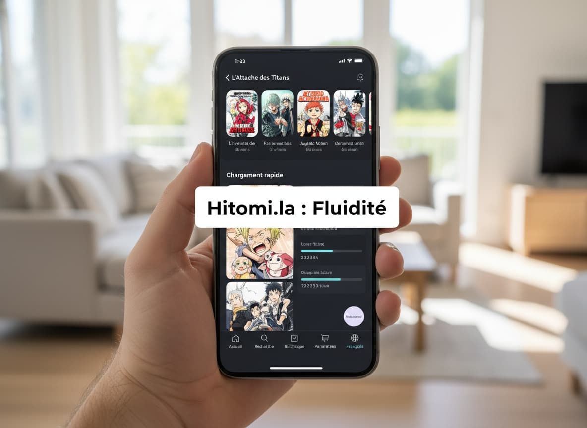 Main tenant un smartphone affichant une application de lecture de manga avec une interface aérée aux accents pastel et un texte superposé blanc translucide 'Hitomi.la : Fluidité'.