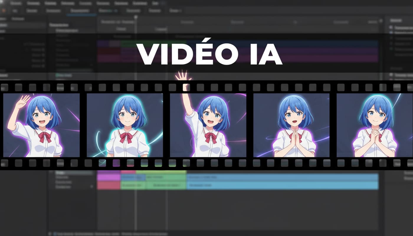 Bande de film horizontale montrant cinq images consécutives d'un personnage d'anime qui bouge et fait un signe de la main, avec un fond flou d'interface de montage vidéo et le texte 'VIDÉO IA' superposé.