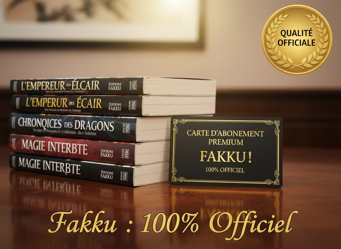 Une carte d'abonnement premium dorée posée à côté d'une pile de volumes de mangas, avec un badge 'Official Quality' et le texte 'Fakku : 100% Officiel' en police dorée.