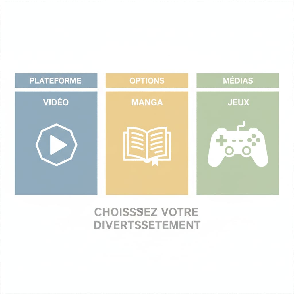 Trois cartes rectangulaires pastel avec icônes de lecture, livre et joystick, l'une affiche le mot 'OPTIONS'.