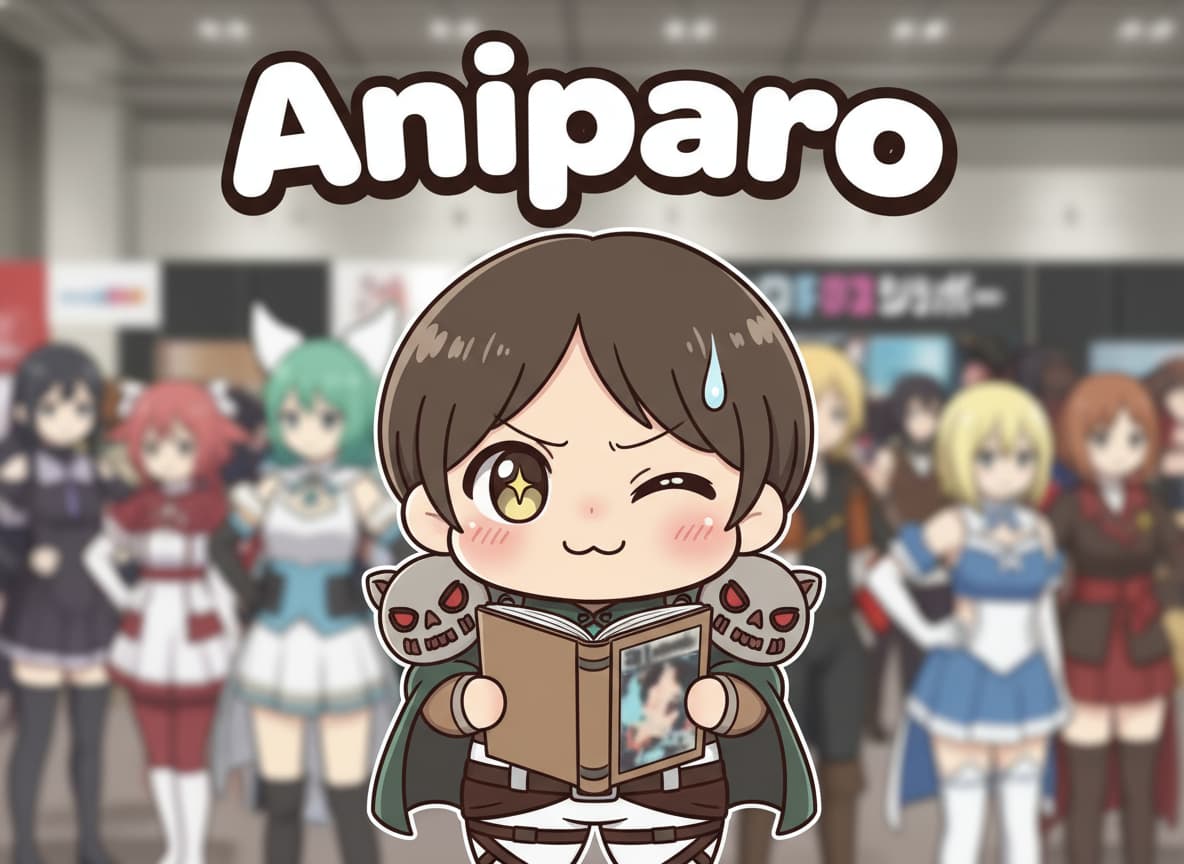 Personnage chibi aux traits exagérés en tenue parodique tenant un doujinshi dans un salon de convention flou avec le texte Aniparo en incrustation