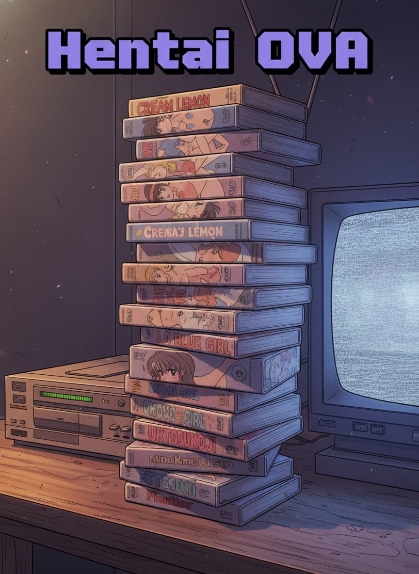 Une pile de boîtiers DVD et VHS aux couvertures d'anime hentai rétro, avec un lecteur VHS et un téléviseur CRT diffusant une lueur statique en arrière-plan, ambiance lumineuse des années 90, et le texte 'Hentai OVA' superposé avec ombre portée.