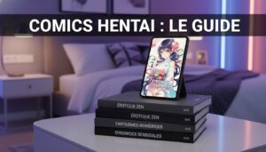 Composition éditoriale avec une pile de livres manga et une tablette numérique affichant une couverture animée, dans une chambre moderne avec éclairage néon tamisé.