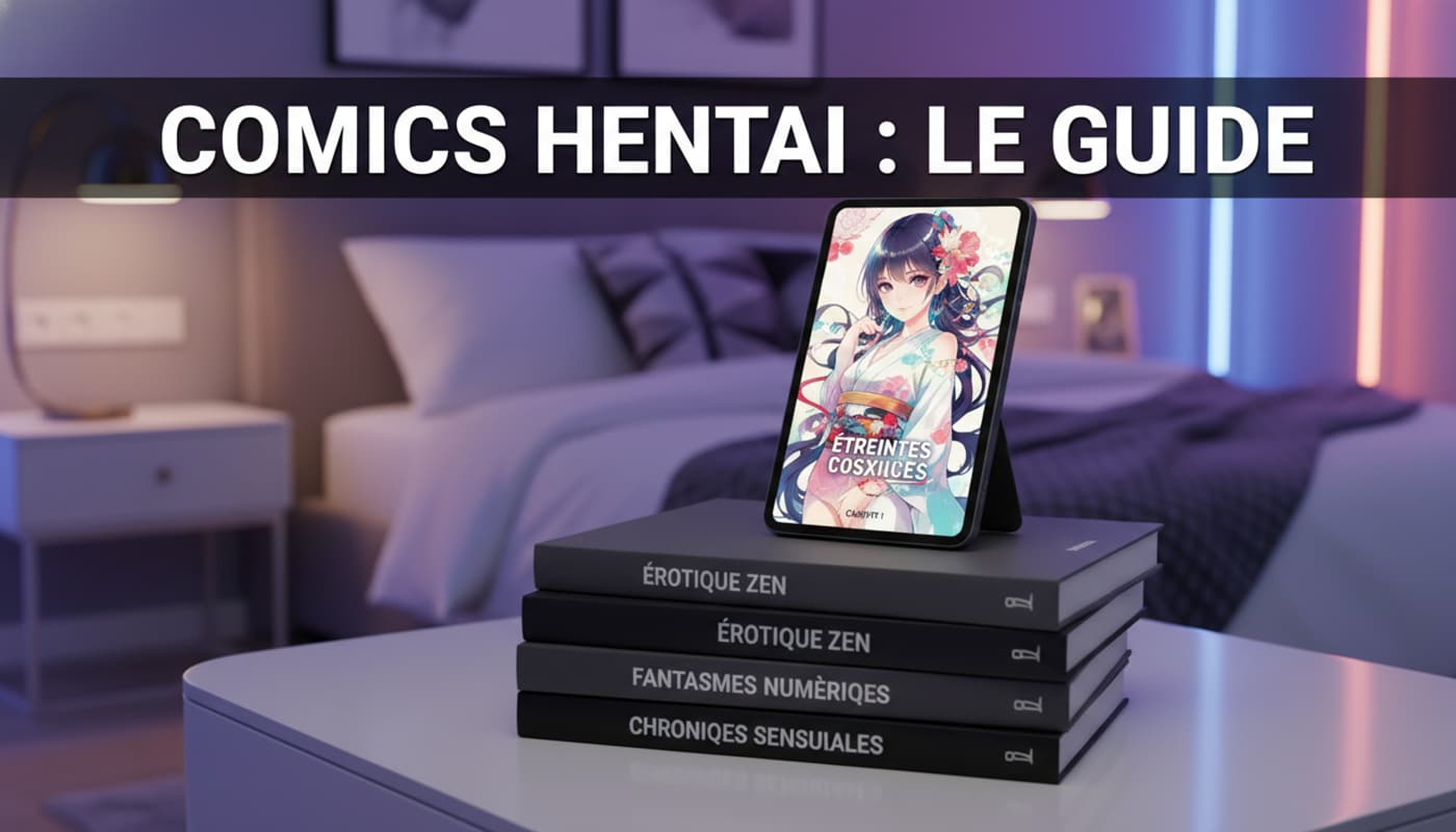 Composition éditoriale avec une pile de livres manga et une tablette numérique affichant une couverture animée, dans une chambre moderne avec éclairage néon tamisé.