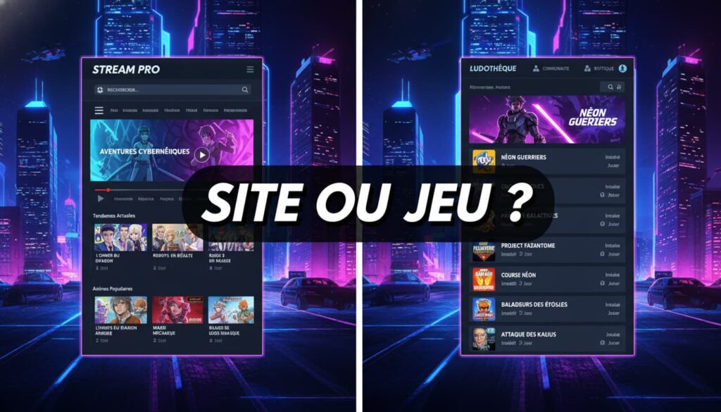 Interface divisée en deux montrant à gauche un site de streaming vidéo et à droite une bibliothèque de jeux PC, avec une skyline néon nocturne et le texte 'SITE OU JEU ?' en superposition.