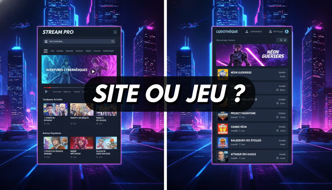 Interface divisée en deux montrant à gauche un site de streaming vidéo et à droite une bibliothèque de jeux PC, avec une skyline néon nocturne et le texte 'SITE OU JEU ?' en superposition.