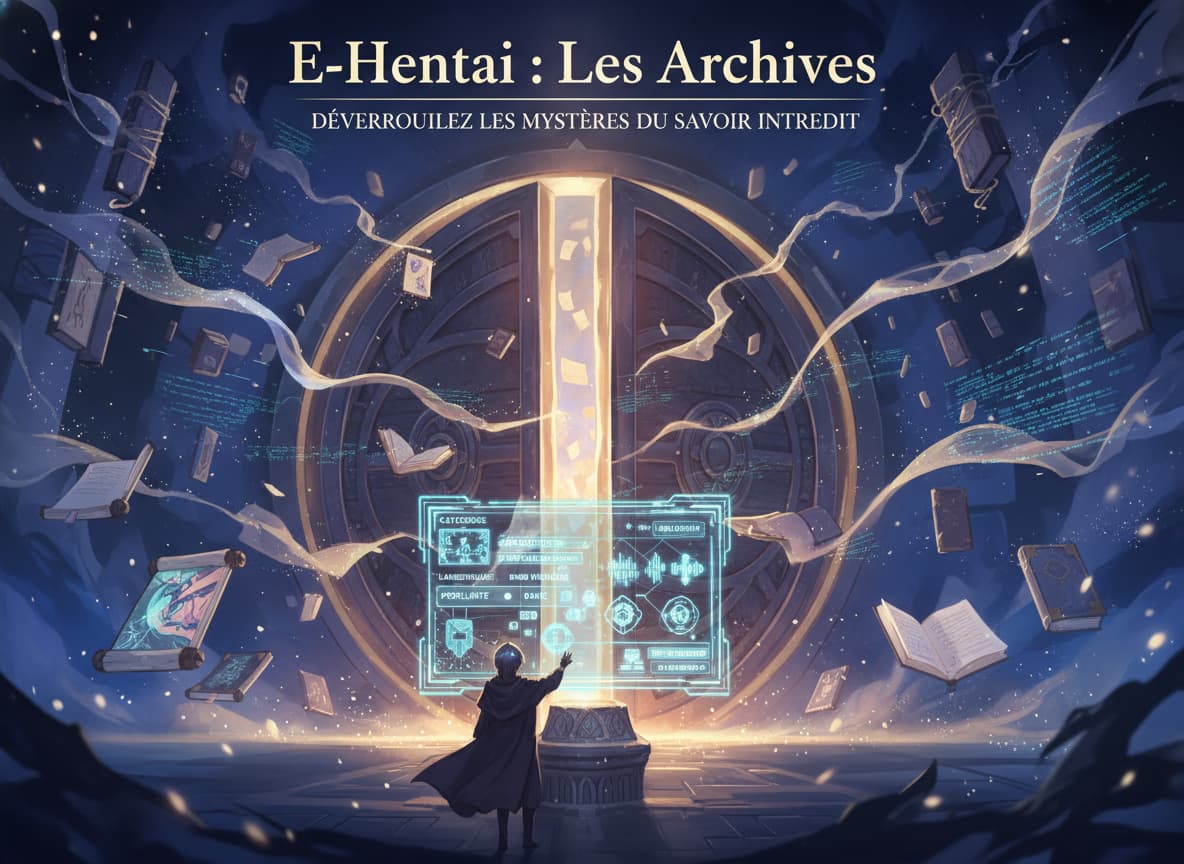 Un coffre numérique s'ouvre sur des rouleaux et manuscrits lumineux, avec un écran holographique affichant des filtres de tri, dans un style anime, et le texte 'E-Hentai : Les Archives' en police serif.