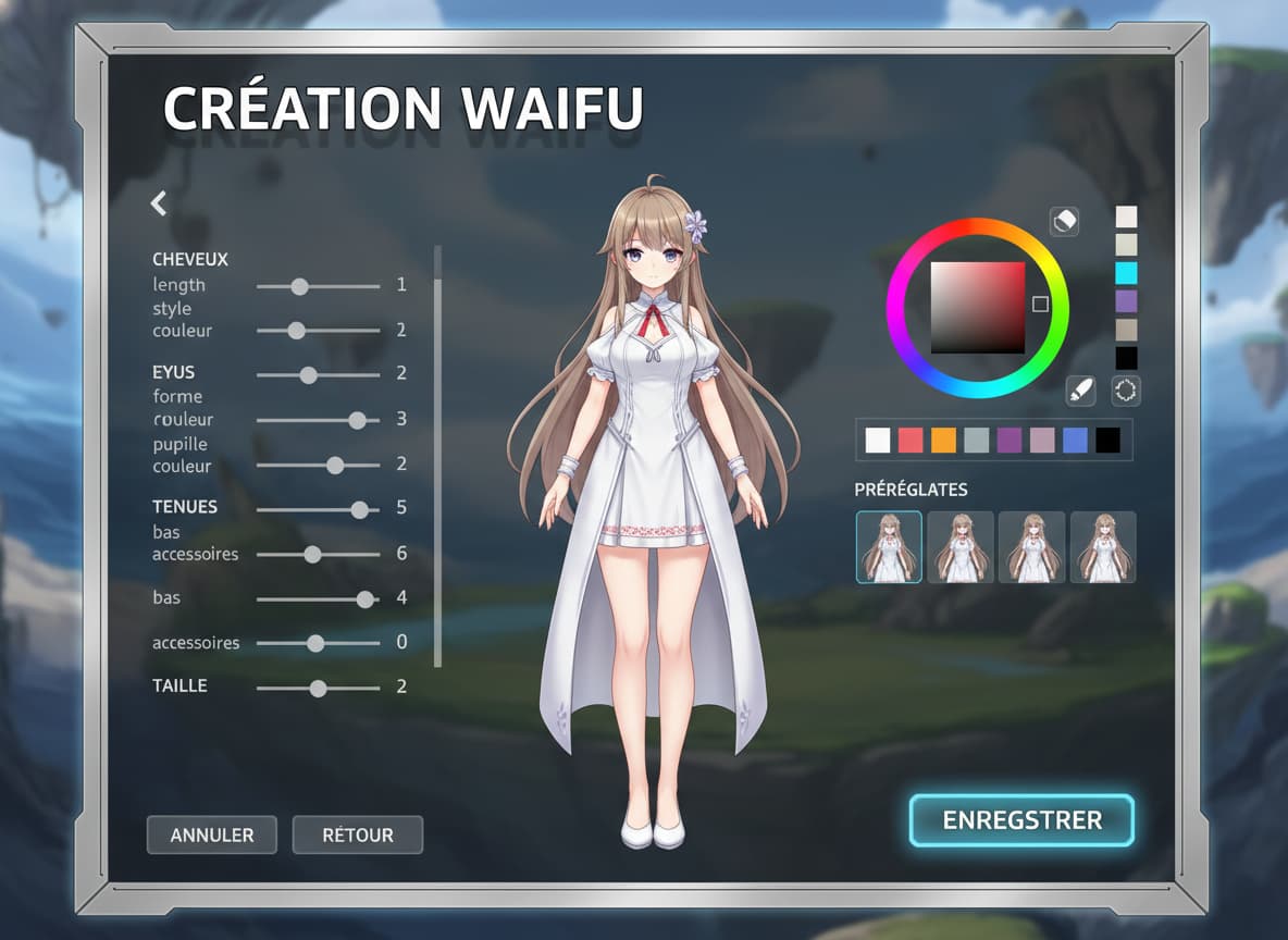 Écran de création de personnage animé avec curseurs pour cheveux, yeux et tenues, palette de couleurs vive, et textes 'CRÉATION WAIFU' et 'ENREGISTRER'.