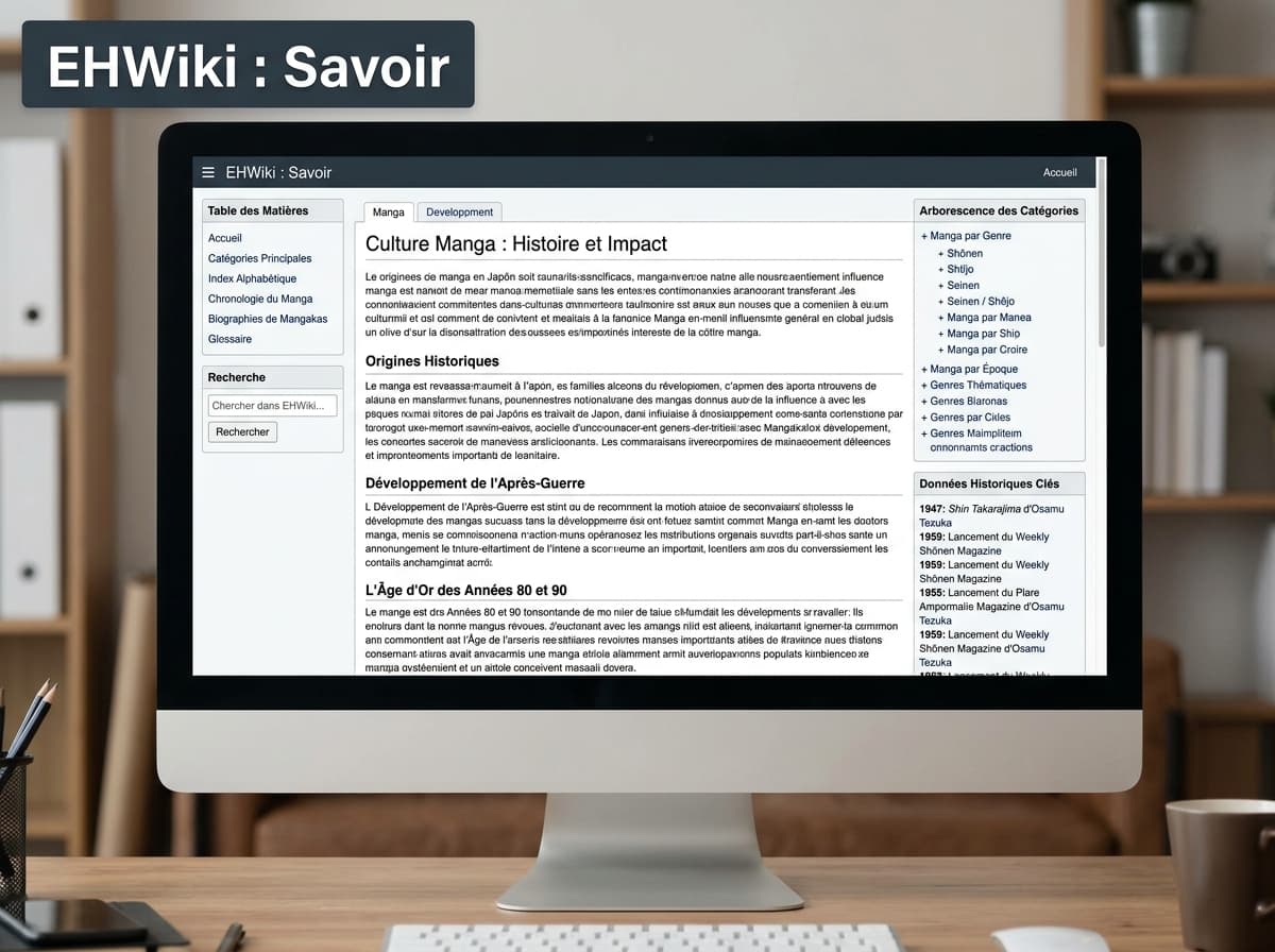 Un écran d'ordinateur affiche une encyclopédie numérique sur la culture manga avec des articles détaillés, des arbres de catégories, des menus latéraux et une barre de recherche. Le texte 'EHWiki : Savoir' est superposé en haut.