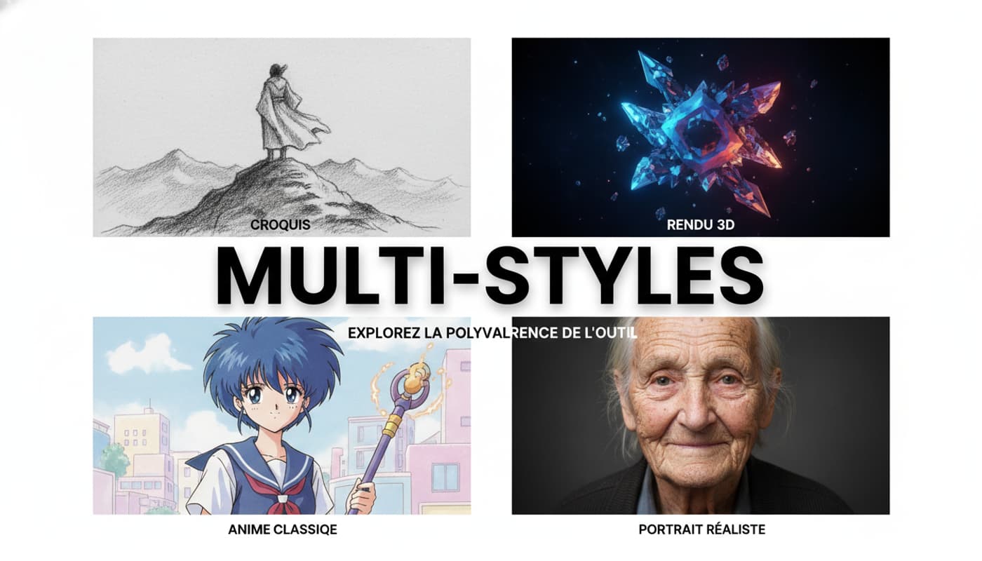 Grille divisée en quatre quadrants montrant un croquis, un rendu 3D, un style anime classique et un portrait photoréaliste, avec texte 'MULTI-STYLES' superposé et labels 'CROQUIS' et 'RÉALISTE' en français.