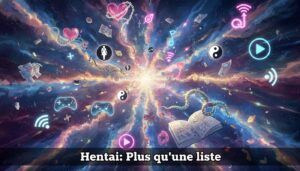 Nébuleuse vibrante avec symboles flottants de cœurs, tentacules, yin-yang, manettes de jeu, pages de manga et icônes de streaming, surmontée d'un texte 'Hentai: Plus qu'une liste' en bas.