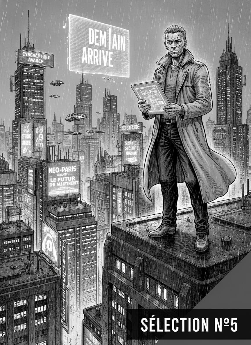 Dessin de style manga seinen sombre d'une ville futuriste détaillée avec éclairage cinématographique, portant le texte 'SÉLECTION N°5' en superposition.