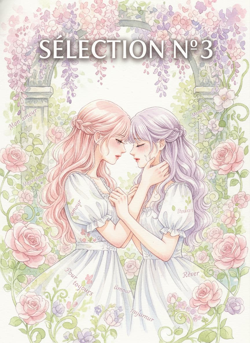 Une illustration de style manga à l'aquarelle aux tons pastel rose et lavande représentant deux jeunes femmes partageant un moment complice dans un jardin fleuri, avec le texte Sélection N°3 superposé.