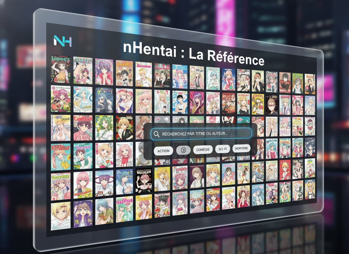 Interface de bibliothèque numérique avec vignettes de manga colorées, barre de recherche et bannière sombre affichant 'nHentai : La Référence'.