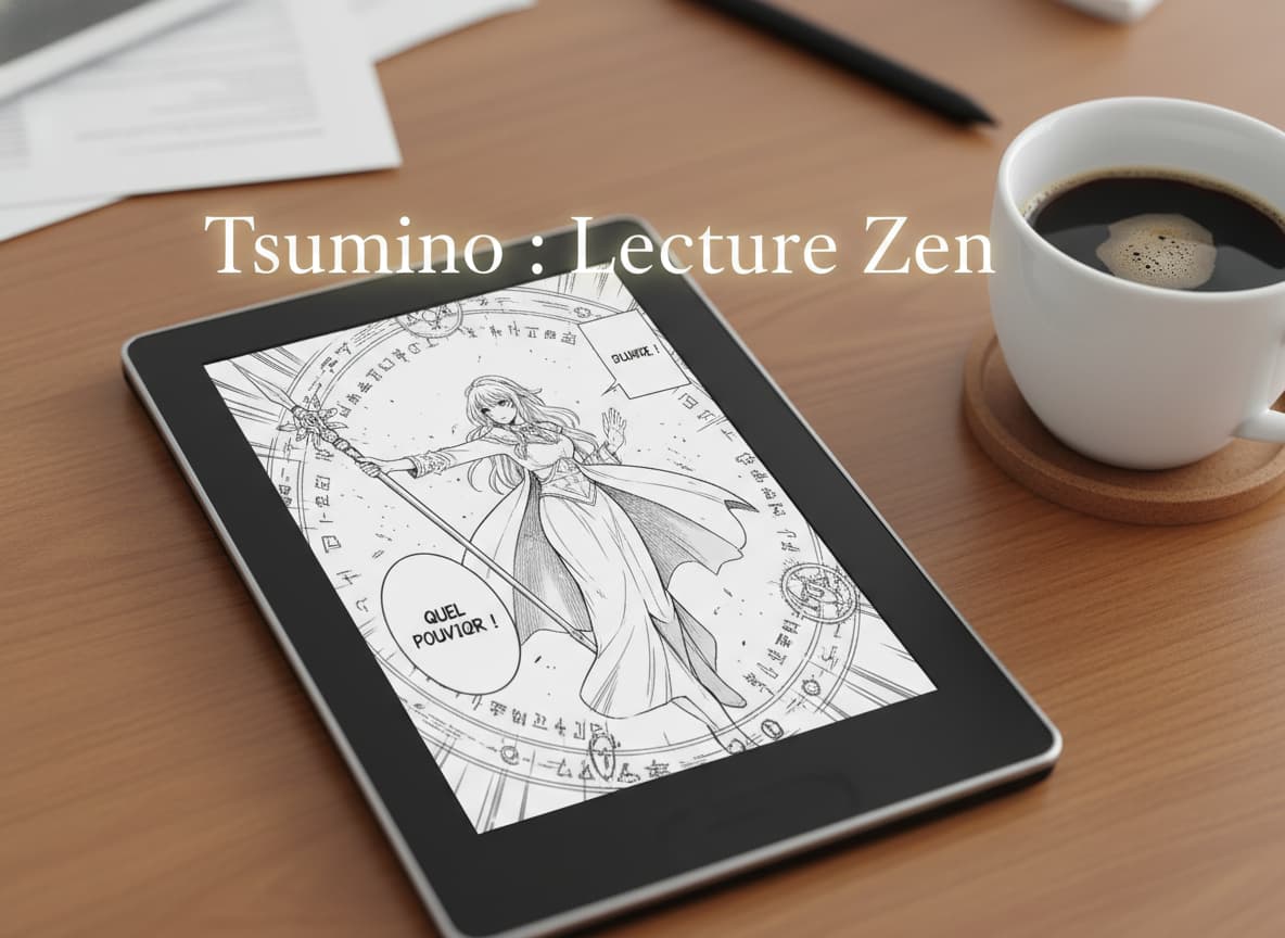 Un lecteur numérique affiche une page de manga, posé sur un bureau en bois flou avec une tasse de café, et le texte 'Tsumino : Lecture Zen' en surimpression.