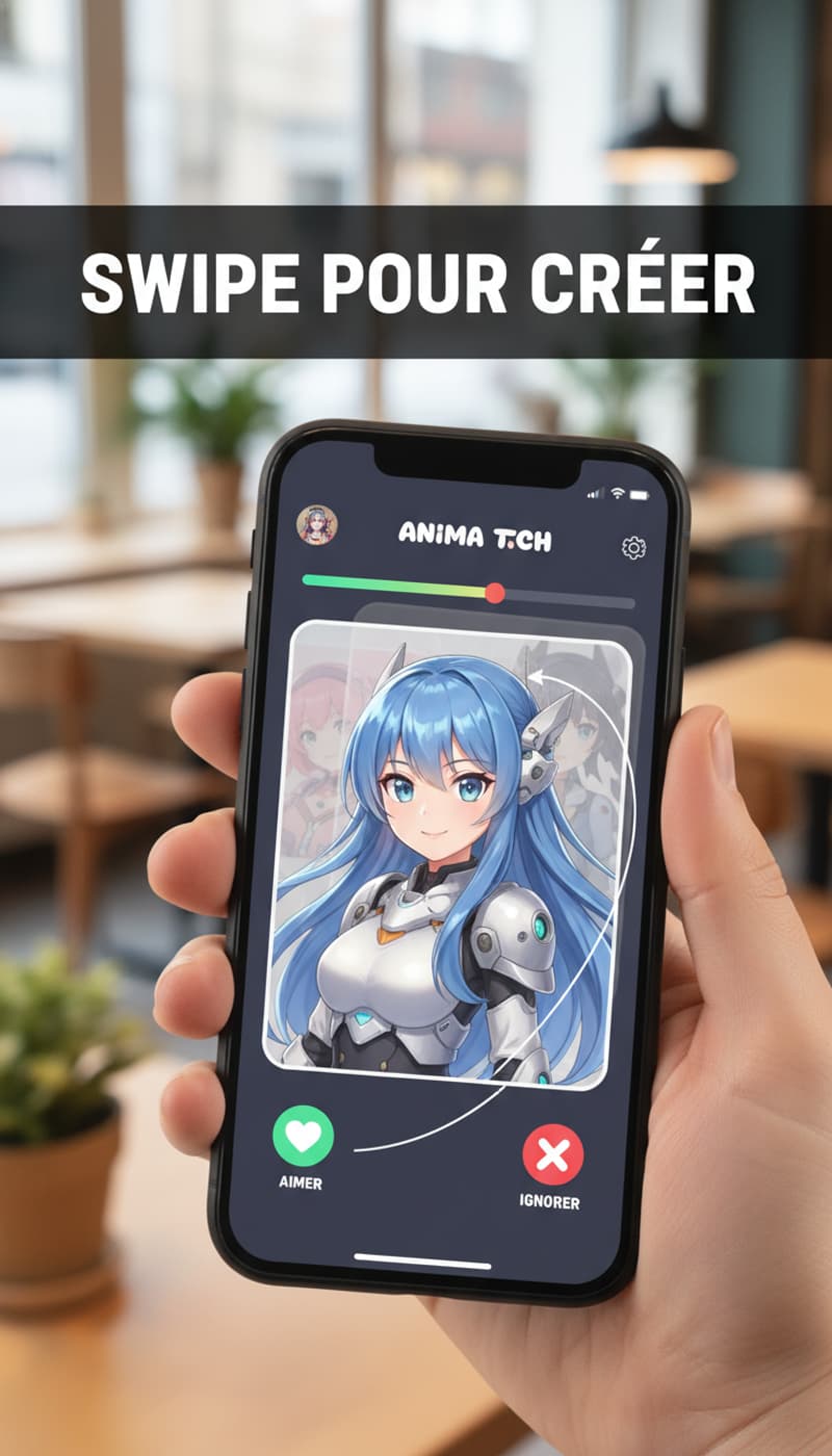Une main tient un smartphone affichant une application de swipe avec un personnage d'anime sur une carte, les icônes 'AIMER' et 'IGNORER', et le texte 'SWIPE POUR CRÉER' en superposition.
