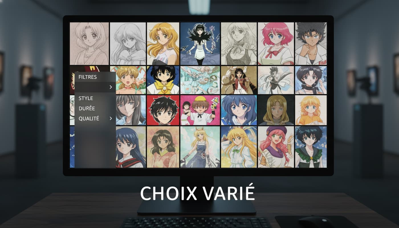 Un écran d'ordinateur affiche une mosaïque de styles d'arts animes variés, avec un menu de filtres sur la gauche et le texte 'CHOIX VARIÉ' en superposition.