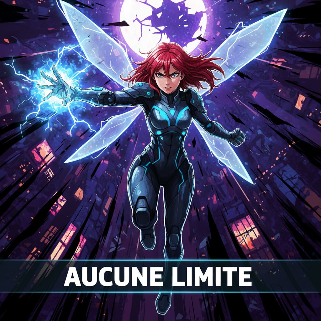 Un personnage anime en pose dramatique se tient devant une ville abstraite la nuit, avec un éclairage contrasté et le texte AUCUNE LIMITE superposé.