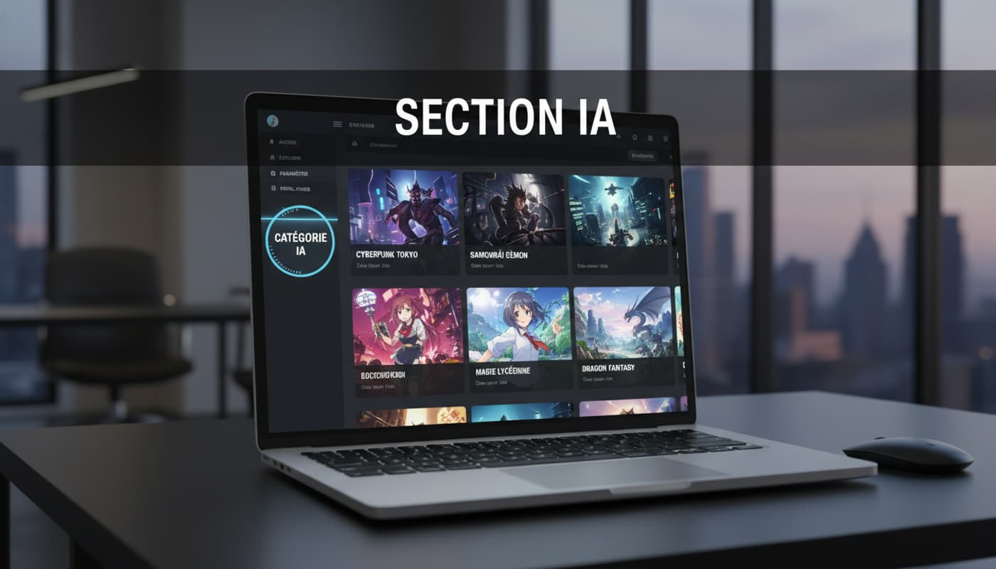 Un ordinateur portable affiche un portail web sombre avec un badge lumineux 'CATÉGORIE IA' dans le menu latéral et des miniatures de scènes d'anime dans la zone principale, avec un texte superposé 'SECTION IA'.