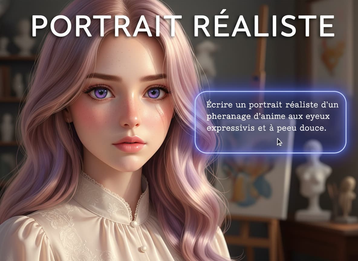 Gros plan d'un portrait d'anime réaliste aux yeux expressifs, avec une zone de texte semi-transparente contenant une phrase en français et le texte 'PORTRAIT RÉALISTE' en superposition.