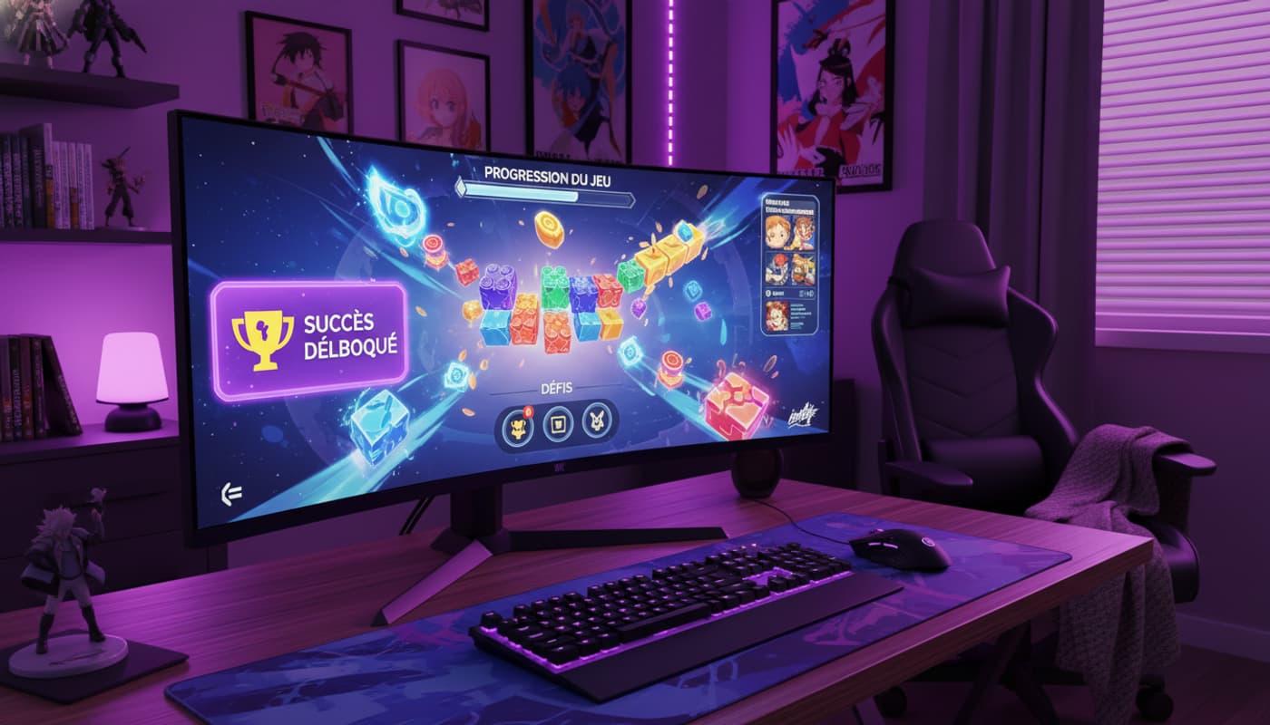 Rendu 3D d'un setup gaming moderne avec un écran affichant un jeu de puzzle animé et un badge de notification 'SUCCÈS DÉBLOQUÉ', baigné d'une lumière violette.