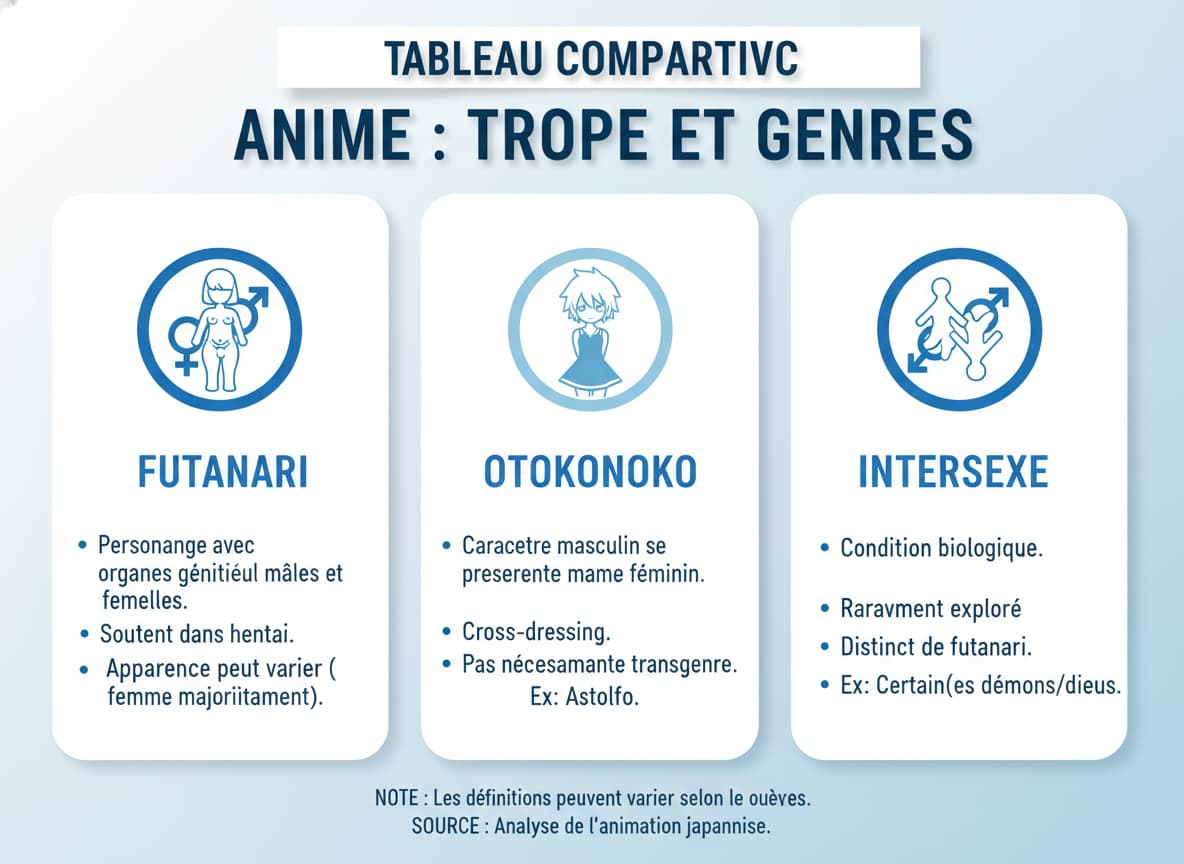 Infographie présentant des icônes représentant les genres Futanari, Otokonoko et Intersexe avec un titre 'TABLEAU COMPARATIF' sur fond pastel.