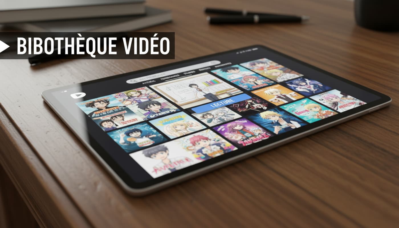 Une tablette posée sur un bureau en bois affiche une plateforme de streaming vidéo avec une grille de vignettes d'anime, une barre de recherche, des catégories 'TENDANCES' et 'NOUVEAUTÉS', et le texte 'BIBLIOTHÈQUE VIDÉO' en superposition.