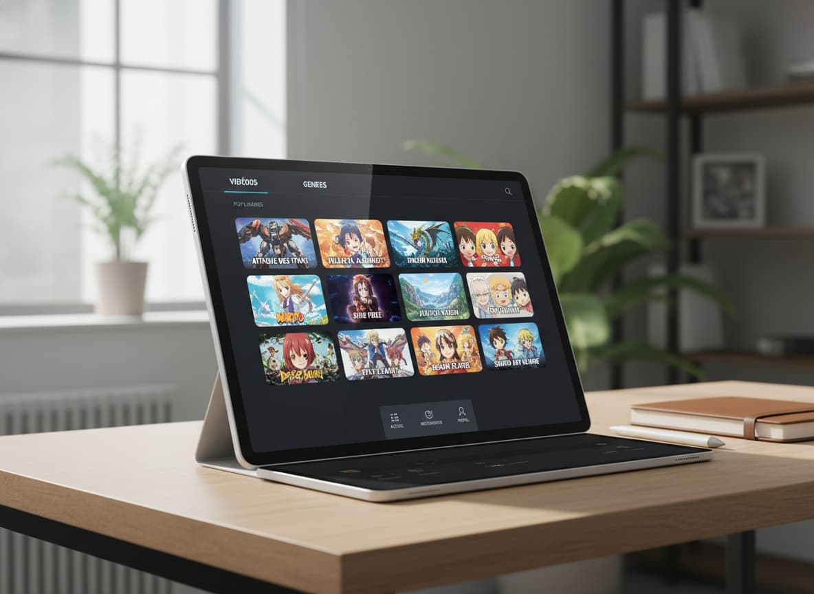 Une tablette haut de gamme posée sur un bureau, affichant une plateforme de streaming d'anime avec une grille de vignettes colorées et des libellés en français comme 'VIDÉOS' et 'GENRES'.