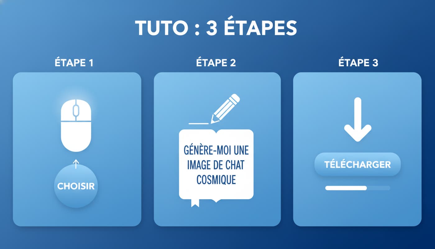 Infographie avec trois étapes représentant clic, écriture et téléchargement sur fond bleu dégradé.